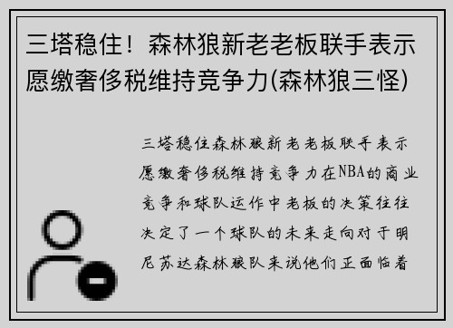 三塔稳住！森林狼新老老板联手表示愿缴奢侈税维持竞争力(森林狼三怪)