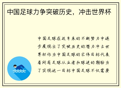 中国足球力争突破历史，冲击世界杯