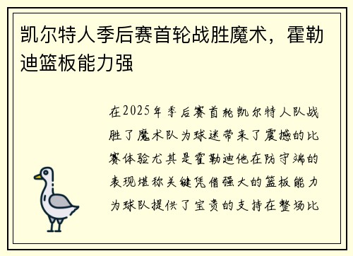 凯尔特人季后赛首轮战胜魔术，霍勒迪篮板能力强