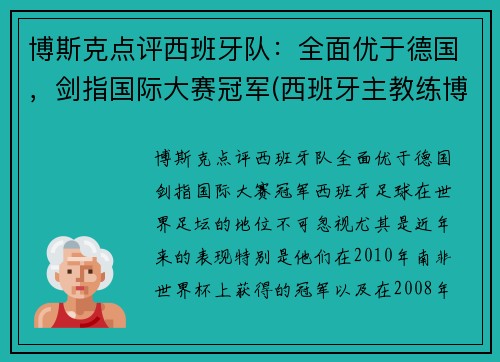 博斯克点评西班牙队：全面优于德国，剑指国际大赛冠军(西班牙主教练博斯克)